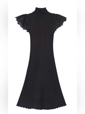 Rebecca Taylor Black Crochet Knit Flutter-Sleeve Midi Dress